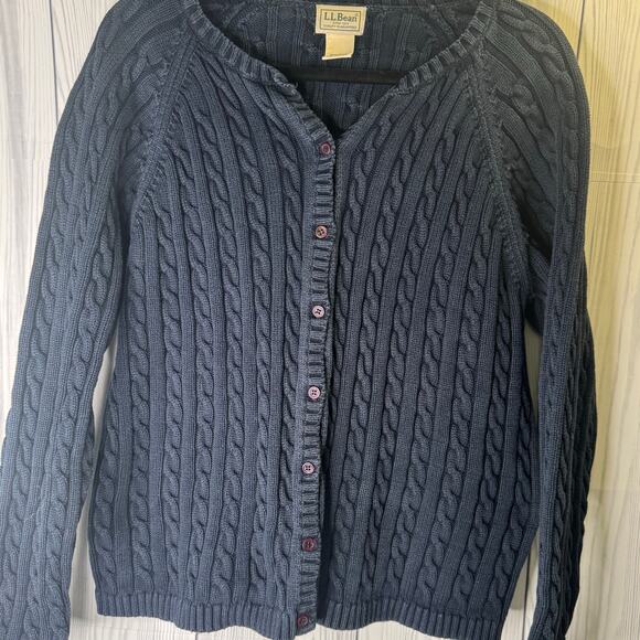 Vintage 1990s LL Bean Cable Knit Cardigan Sweater Navy 100% Cotton Hong Kong XL - Picture 3 of 9